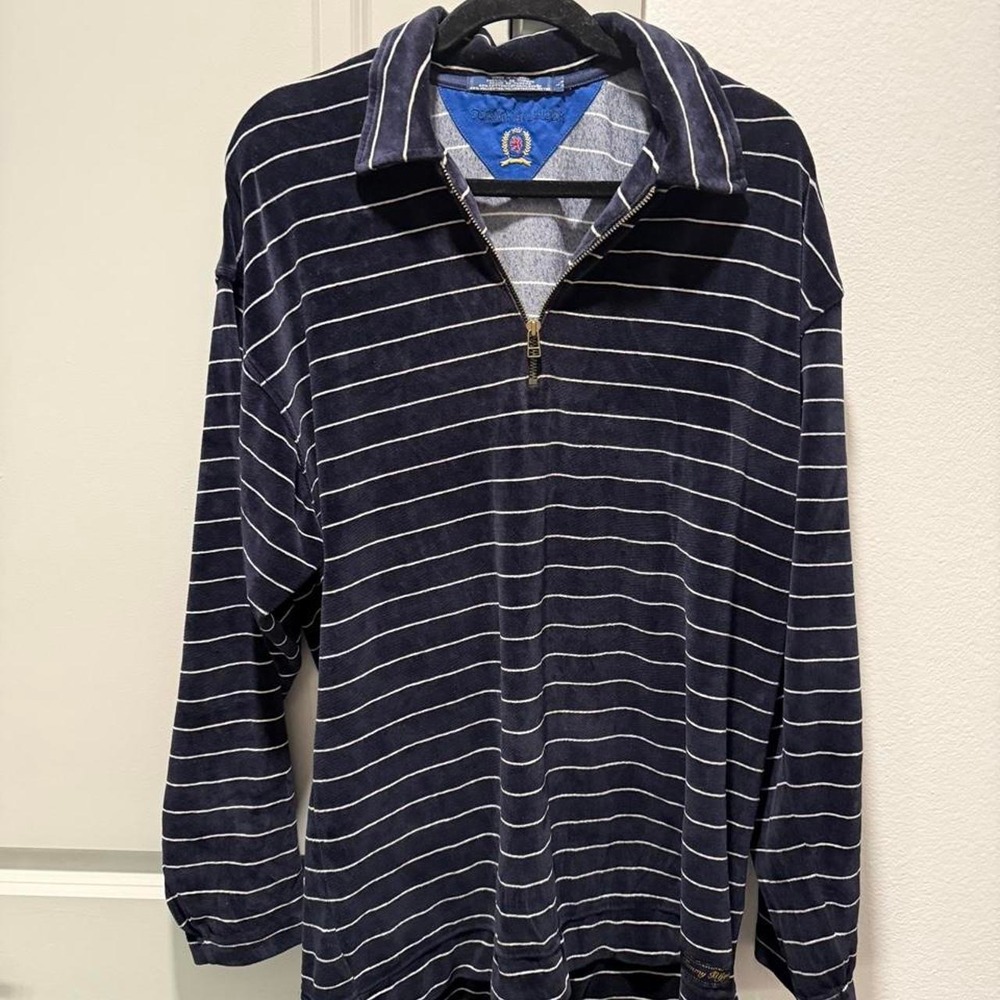 Tommy Hilfiger navy blue with white horizontal striped quarter zip